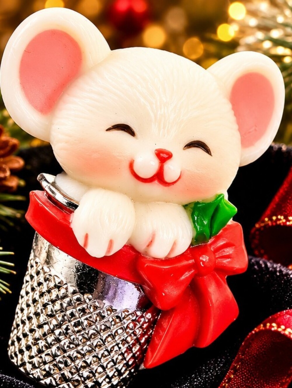 Vintage 1983 Hallmark Christmas Mouse Brooch Mouse in Thimble Holiday Pin